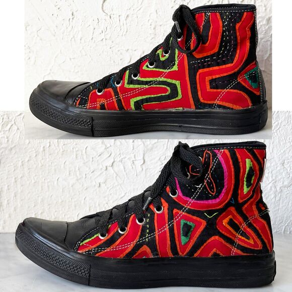 Jaypa High Top Sneaker Abstract Design Red Canvas/Black Leather-Women's Size 8.5 - Picture 2 of 8